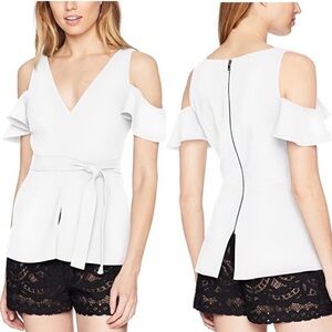 NWT BCBGMaxAzria Size XXS White V-neck Structured Peplum Top Zipper Back Belted